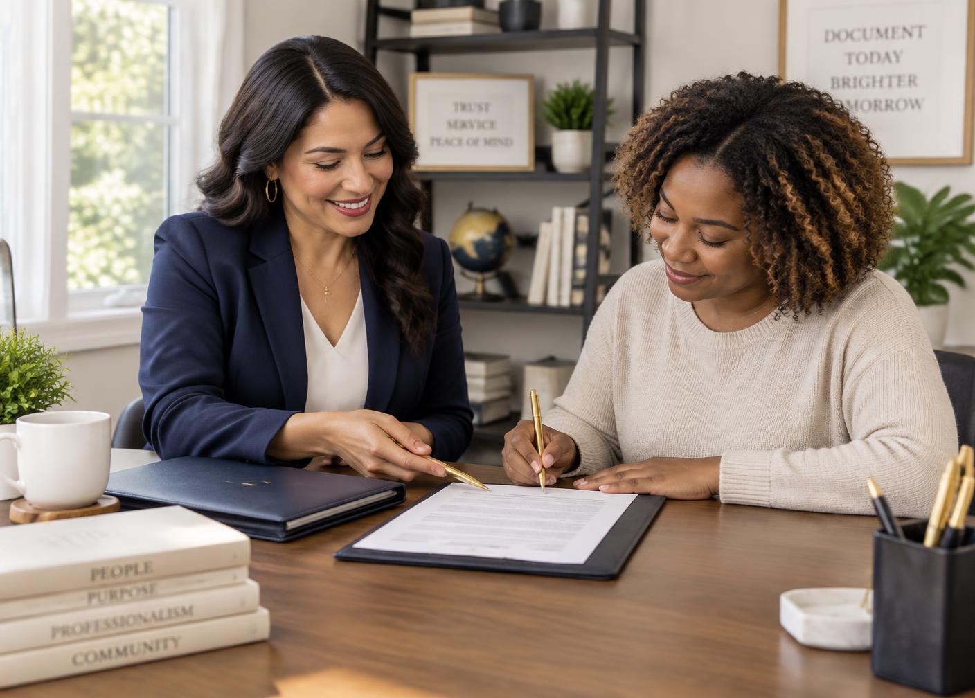 A mobile notary assisting a client at a welcoming workspace