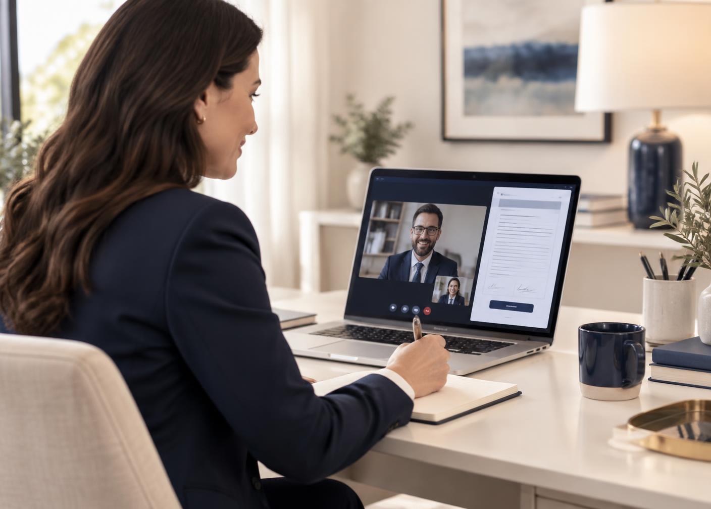 A professional participating in an online notary appointment from a private workspace